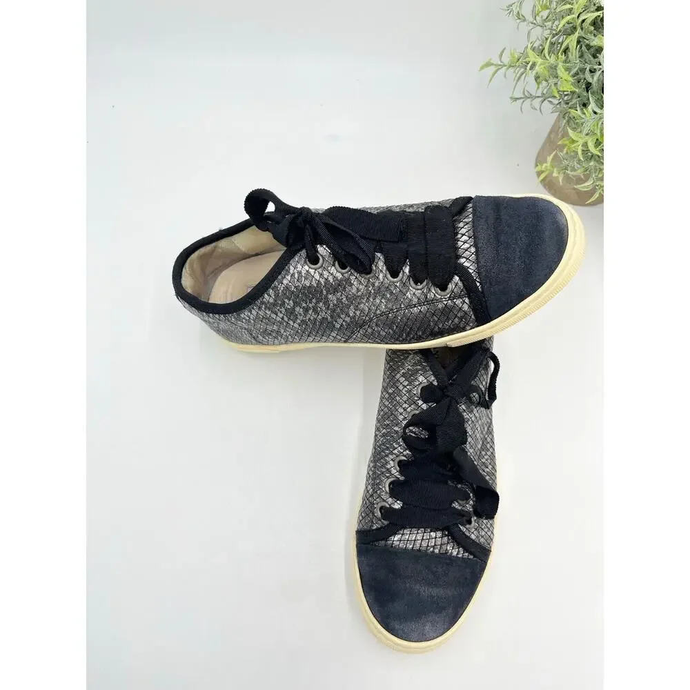 Lanvin Paris Black Pewter Calf Hair Leather Ribbon Lace Up Low-Top Sneakers Sz 7